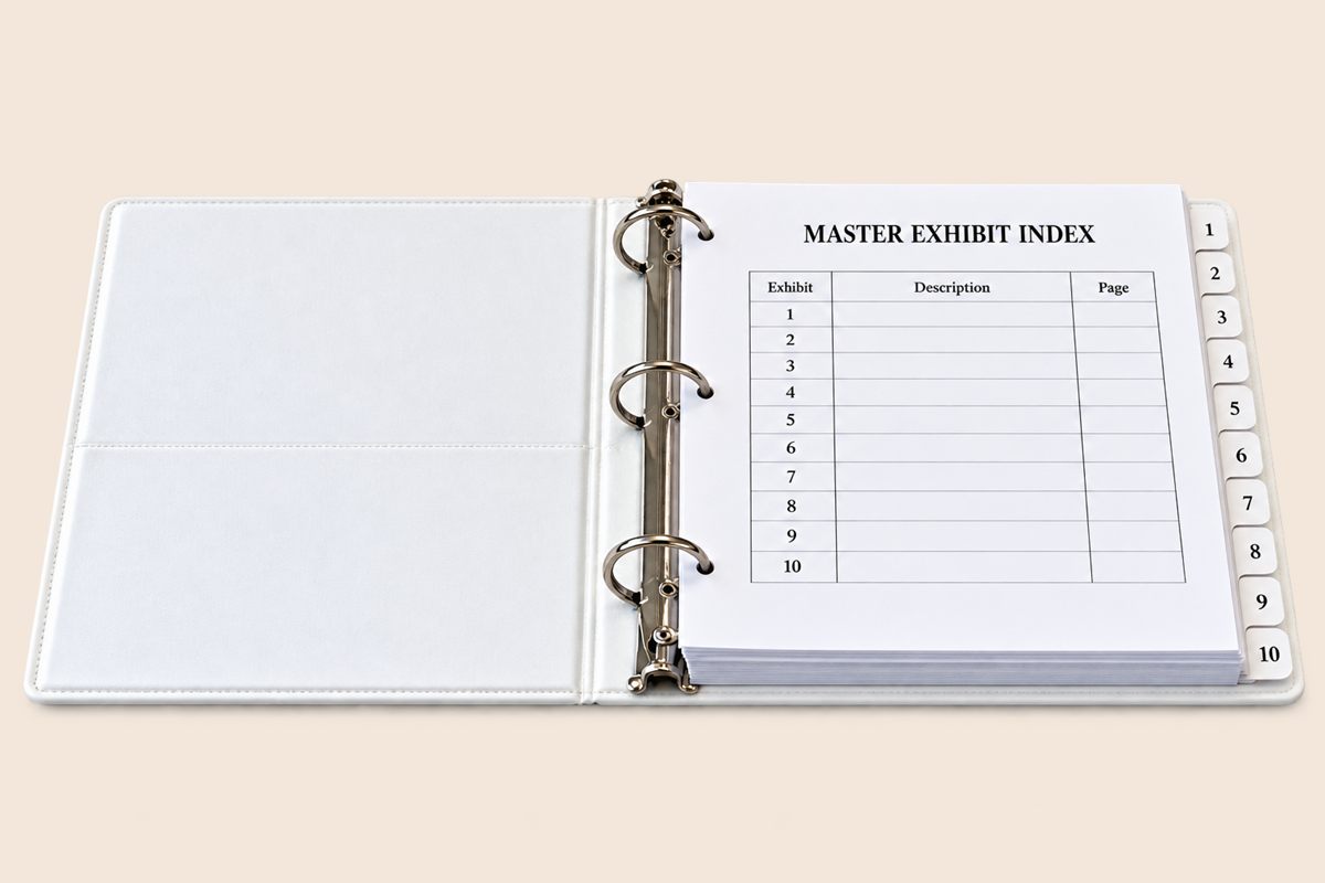 Open trial binder showing a master exhibit index with numbered tabs